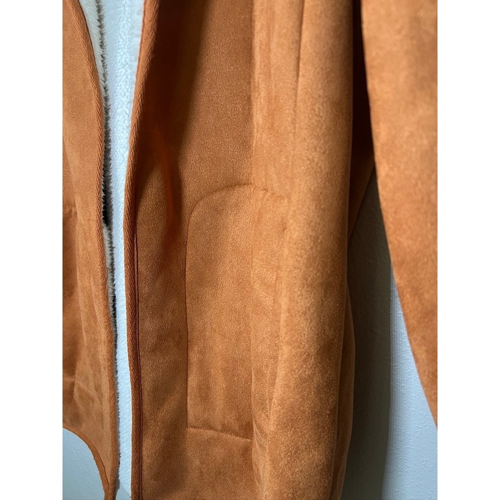 Faux Suede Sherpa Lined Open Front Jacket Size M Cognac Brown Cozy Cabincore - Picture 10 of 12